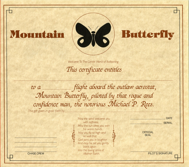 Mountain Butterfly inside of gift certificate